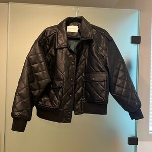 Rebecca Minkoff black quilted cropped faux leather jacket silky green lining LG